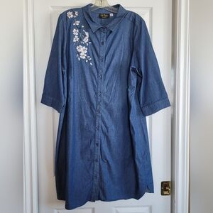 BOB MACKIE CHAMBRAY DENIM SHIRT DRESS EMBROIDERED FLOWERS BUTTON UP PLUS SIZE 1X